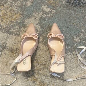 Cider Satin Pointed-Toe Slingback Mules in Blush Pink